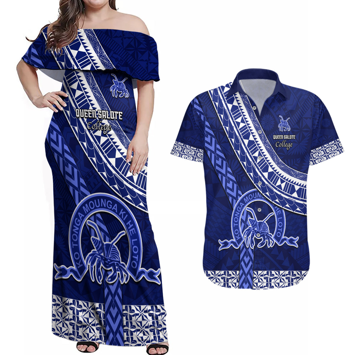 Custom Queen Salote College Couples Matching Off Shoulder Maxi Dress and Hawaiian Shirt Tongan Kupesi Pattern LT05 Blue - Polynesian Pride
