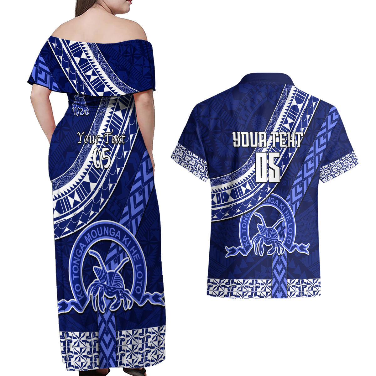 Custom Queen Salote College Couples Matching Off Shoulder Maxi Dress and Hawaiian Shirt Tongan Kupesi Pattern LT05 - Polynesian Pride