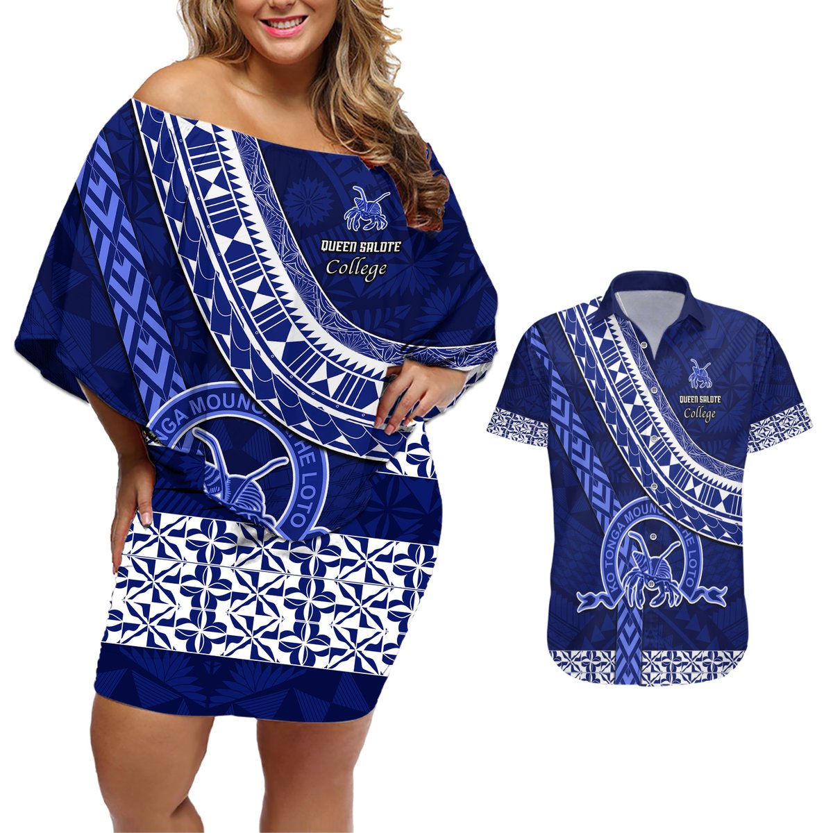 Custom Queen Salote College Couples Matching Off Shoulder Short Dress and Hawaiian Shirt Tongan Kupesi Pattern LT05 Blue - Polynesian Pride