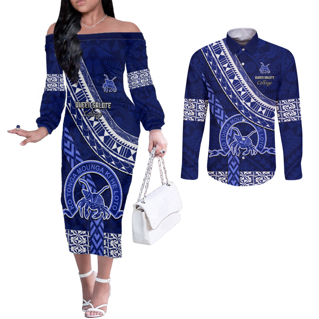 Custom Queen Salote College Couples Matching Off The Shoulder Long Sleeve Dress and Long Sleeve Button Shirts Tongan Kupesi Pattern LT05 Blue - Polynesian Pride