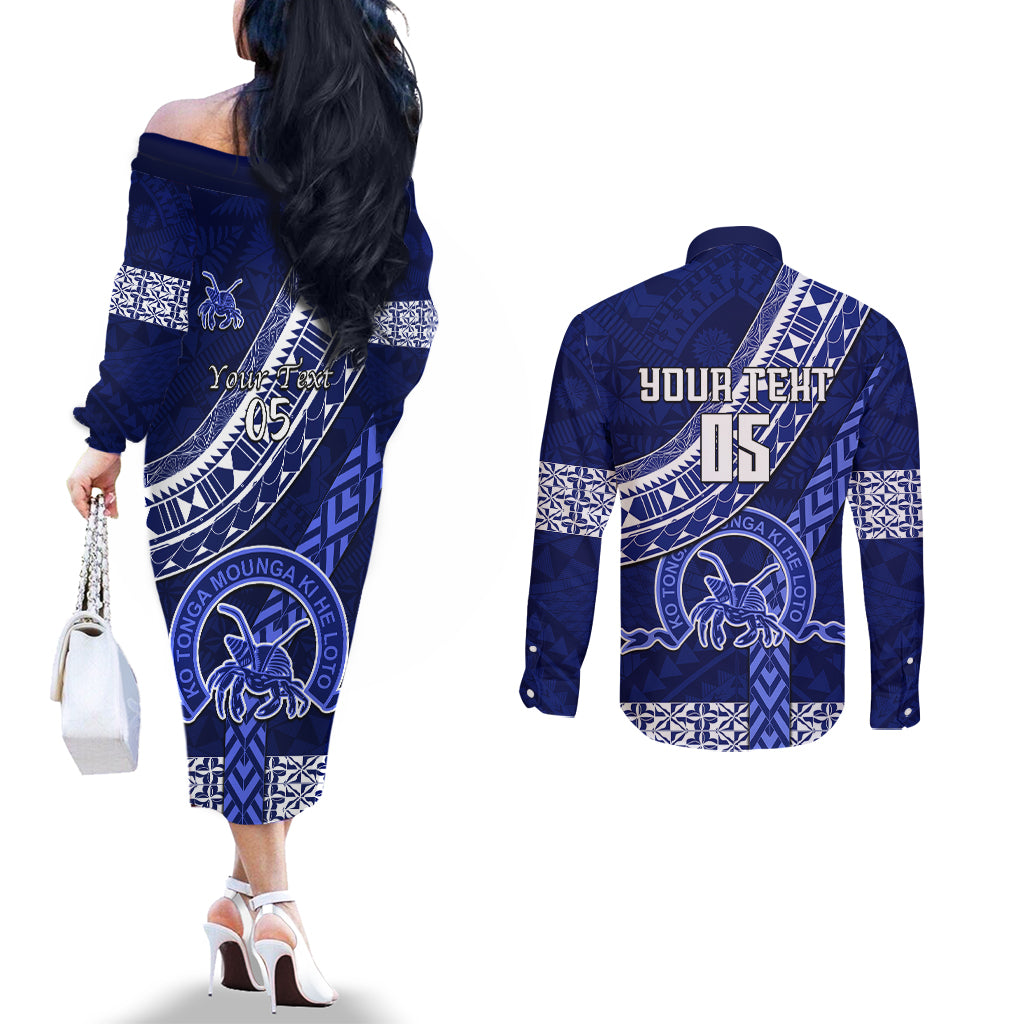 Custom Queen Salote College Couples Matching Off The Shoulder Long Sleeve Dress and Long Sleeve Button Shirts Tongan Kupesi Pattern LT05 - Polynesian Pride