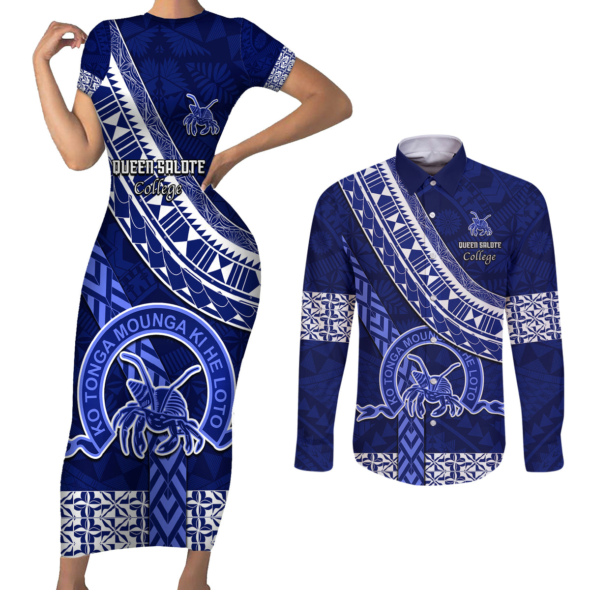 Custom Queen Salote College Couples Matching Short Sleeve Bodycon Dress and Long Sleeve Button Shirts Tongan Kupesi Pattern LT05 Blue - Polynesian Pride