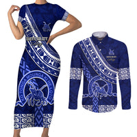 Custom Queen Salote College Couples Matching Short Sleeve Bodycon Dress and Long Sleeve Button Shirts Tongan Kupesi Pattern LT05 Blue - Polynesian Pride