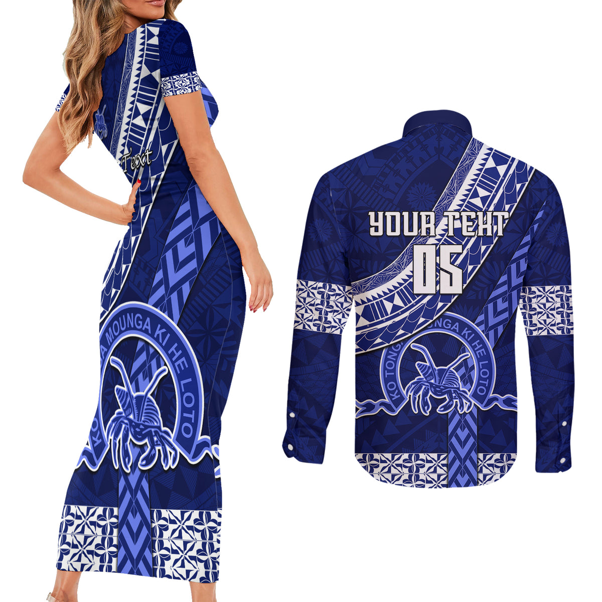 Custom Queen Salote College Couples Matching Short Sleeve Bodycon Dress and Long Sleeve Button Shirts Tongan Kupesi Pattern LT05 - Polynesian Pride