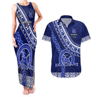 Custom Queen Salote College Couples Matching Tank Maxi Dress and Hawaiian Shirt Tongan Kupesi Pattern LT05 Blue - Polynesian Pride