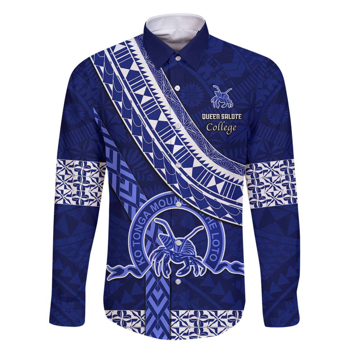 Custom Queen Salote College Family Matching Mermaid Dress and Hawaiian Shirt Tongan Kupesi Pattern LT05 Dad's Shirt - Long Sleeve Blue - Polynesian Pride