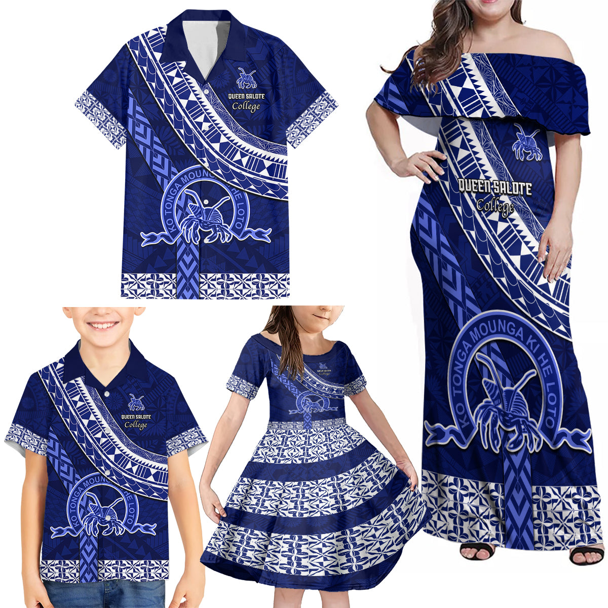 Custom Queen Salote College Family Matching Off Shoulder Maxi Dress and Hawaiian Shirt Tongan Kupesi Pattern LT05 - Polynesian Pride