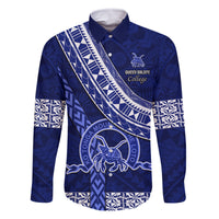 Custom Queen Salote College Family Matching Summer Maxi Dress and Hawaiian Shirt Tongan Kupesi Pattern LT05 Dad's Shirt - Long Sleeve Blue - Polynesian Pride