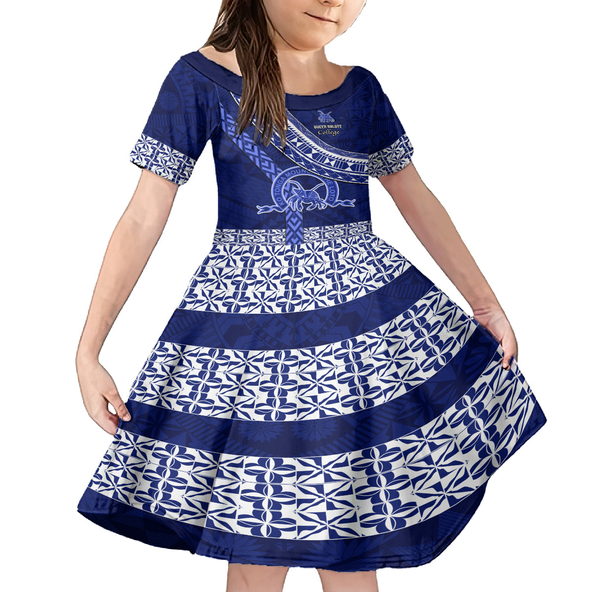 Custom Queen Salote College Kid Short Sleeve Dress Tongan Kupesi Pattern LT05 KID Blue - Polynesian Pride