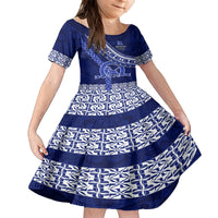 Custom Queen Salote College Kid Short Sleeve Dress Tongan Kupesi Pattern LT05 KID Blue - Polynesian Pride