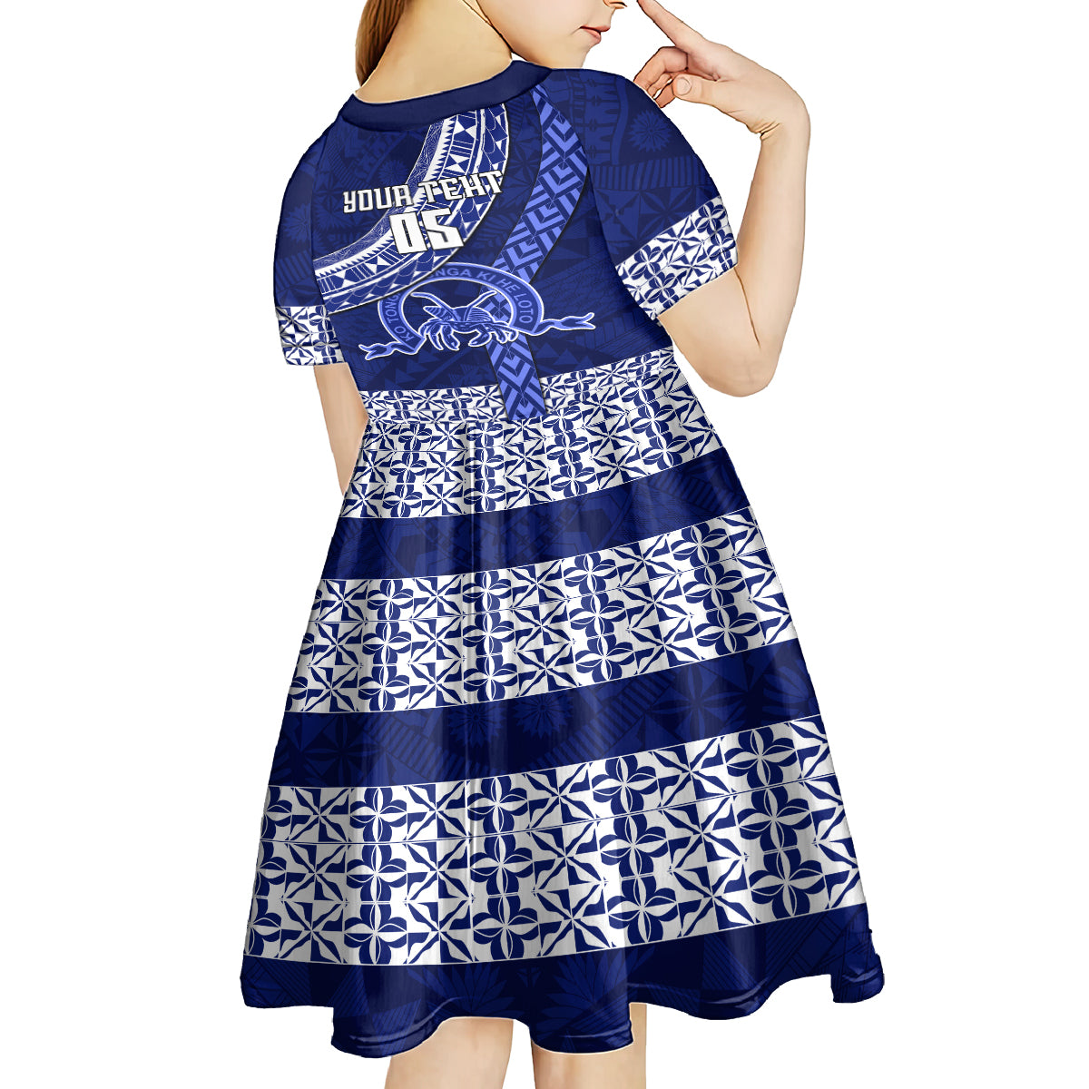Custom Queen Salote College Kid Short Sleeve Dress Tongan Kupesi Pattern LT05 - Polynesian Pride