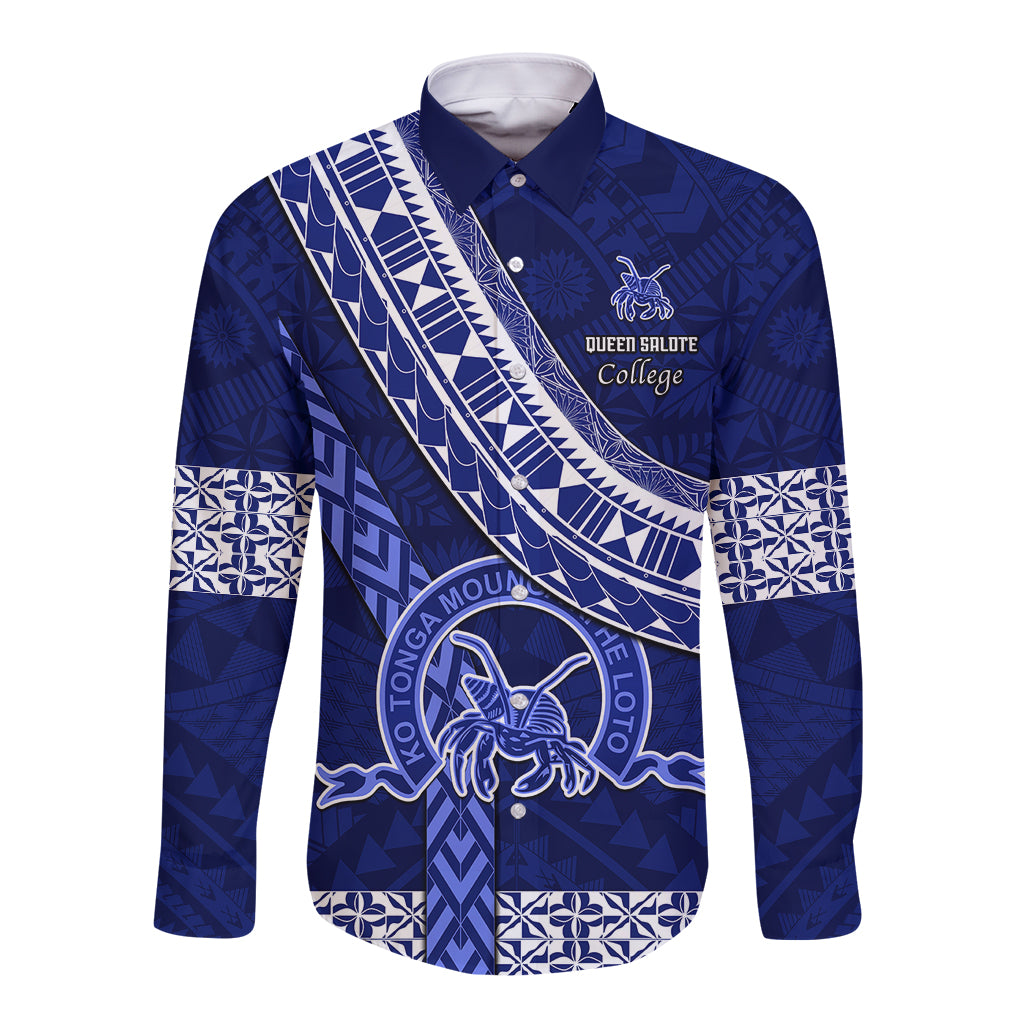 Custom Queen Salote College Long Sleeve Button Shirt Tongan Kupesi Pattern LT05 Unisex Blue - Polynesian Pride