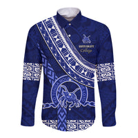 Custom Queen Salote College Long Sleeve Button Shirt Tongan Kupesi Pattern LT05 Unisex Blue - Polynesian Pride