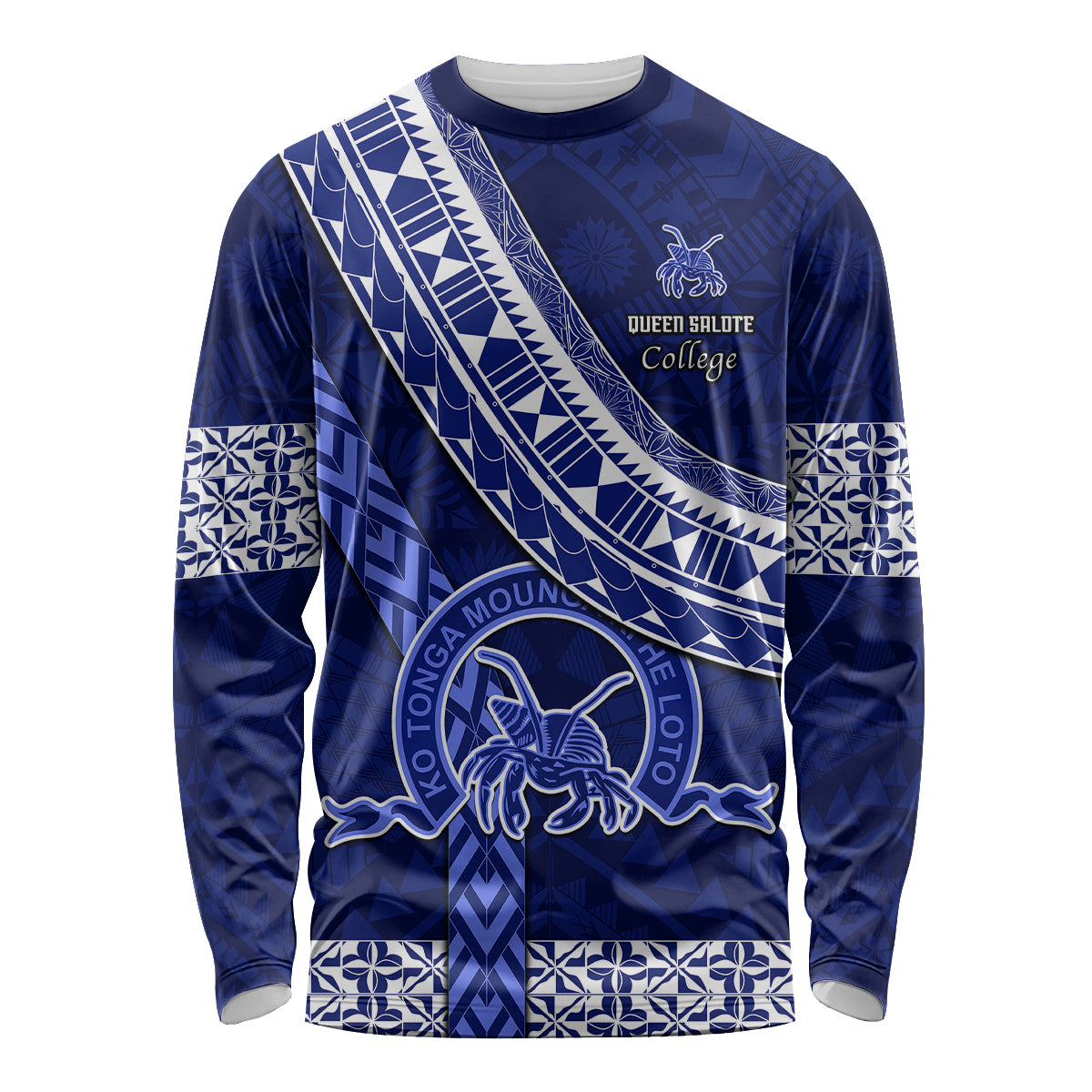 Custom Queen Salote College Long Sleeve Shirt Tongan Kupesi Pattern LT05 Unisex Blue - Polynesian Pride