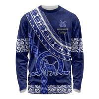 Custom Queen Salote College Long Sleeve Shirt Tongan Kupesi Pattern LT05 Unisex Blue - Polynesian Pride