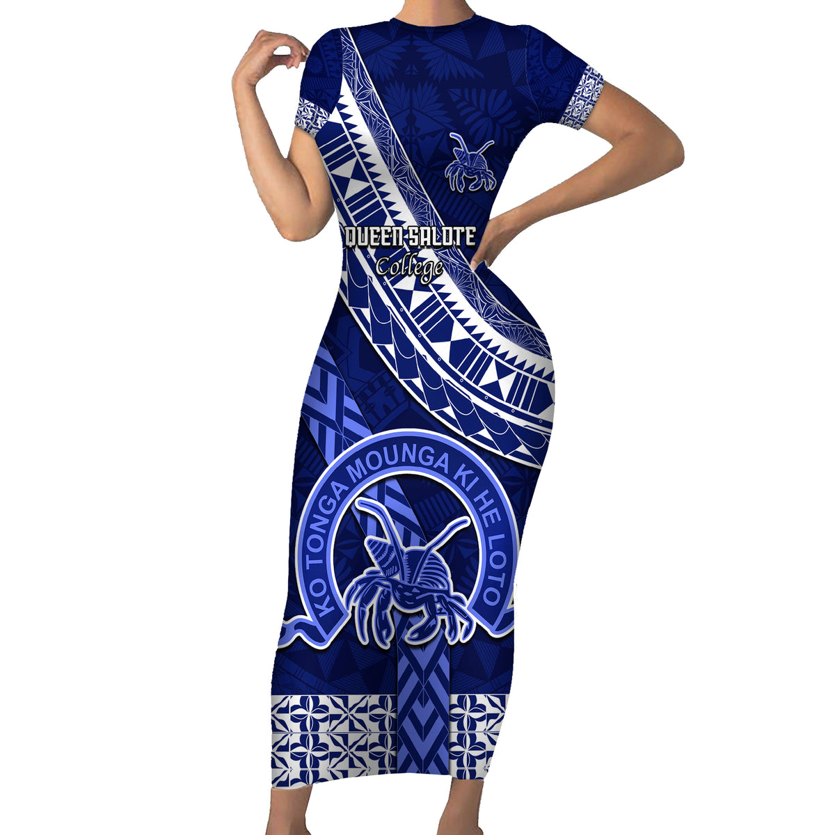 Custom Queen Salote College Short Sleeve Bodycon Dress Tongan Kupesi Pattern LT05 Long Dress Blue - Polynesian Pride