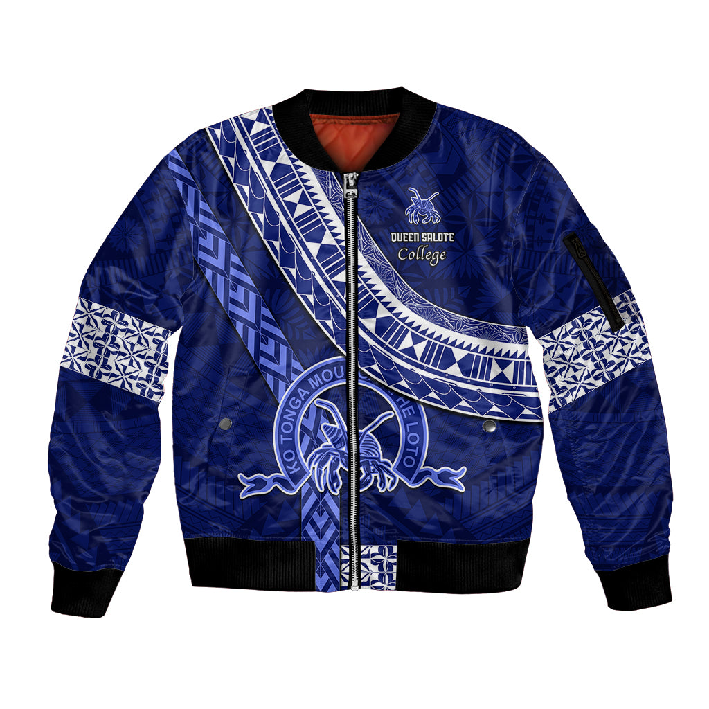 Custom Queen Salote College Sleeve Zip Bomber Jacket Tongan Kupesi Pattern LT05 Unisex Blue - Polynesian Pride
