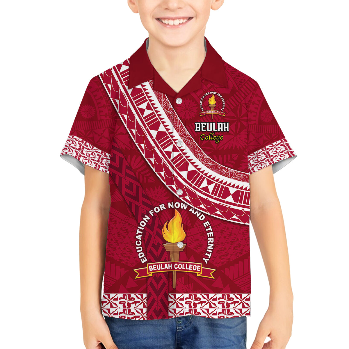 Custom Beulah College Family Matching Off Shoulder Long Sleeve Dress and Hawaiian Shirt Tongan Kupesi Pattern LT05 Son's Shirt Red - Polynesian Pride