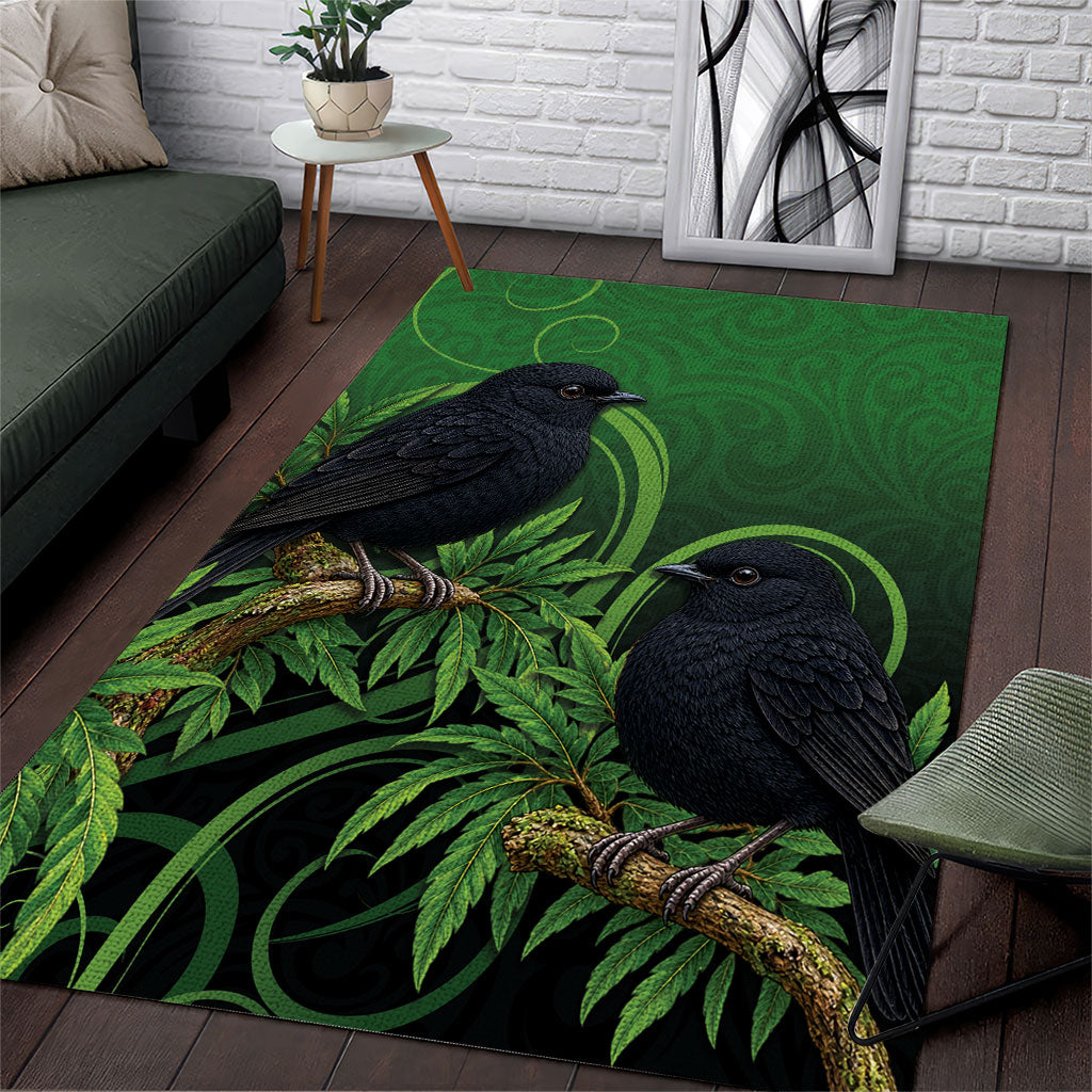New Zealand Black Robin Area Rug Karure Maori Koru Art Tattoo LT05 Green - Polynesian Pride