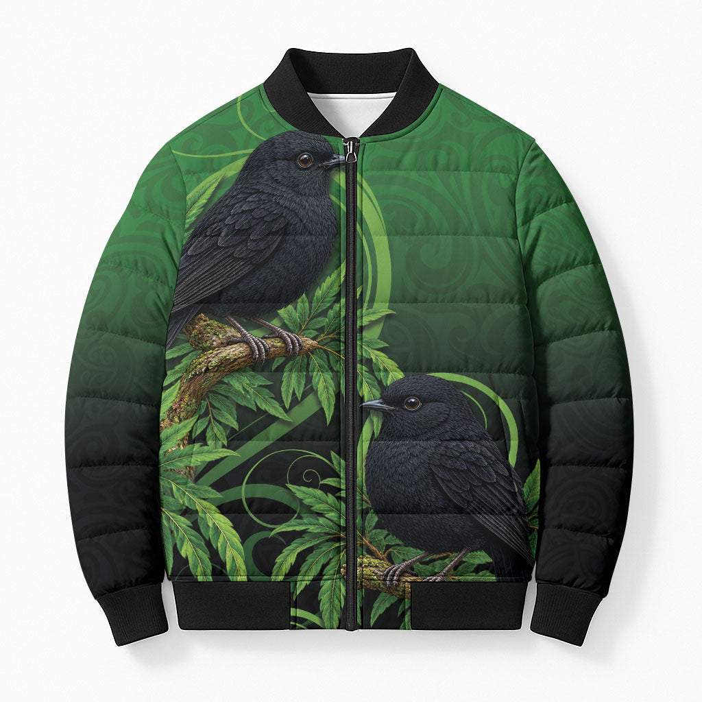 New Zealand Black Robin Bomber Puffer Jacket Karure Maori Koru Art Tattoo LT05 Unisex Green - Polynesian Pride