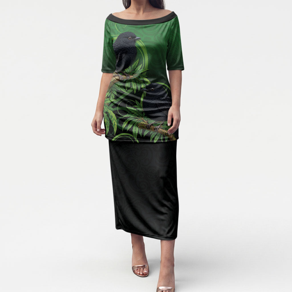 New Zealand Black Robin Puletasi Karure Maori Koru Art Tattoo LT05 Long Dress Green - Polynesian Pride