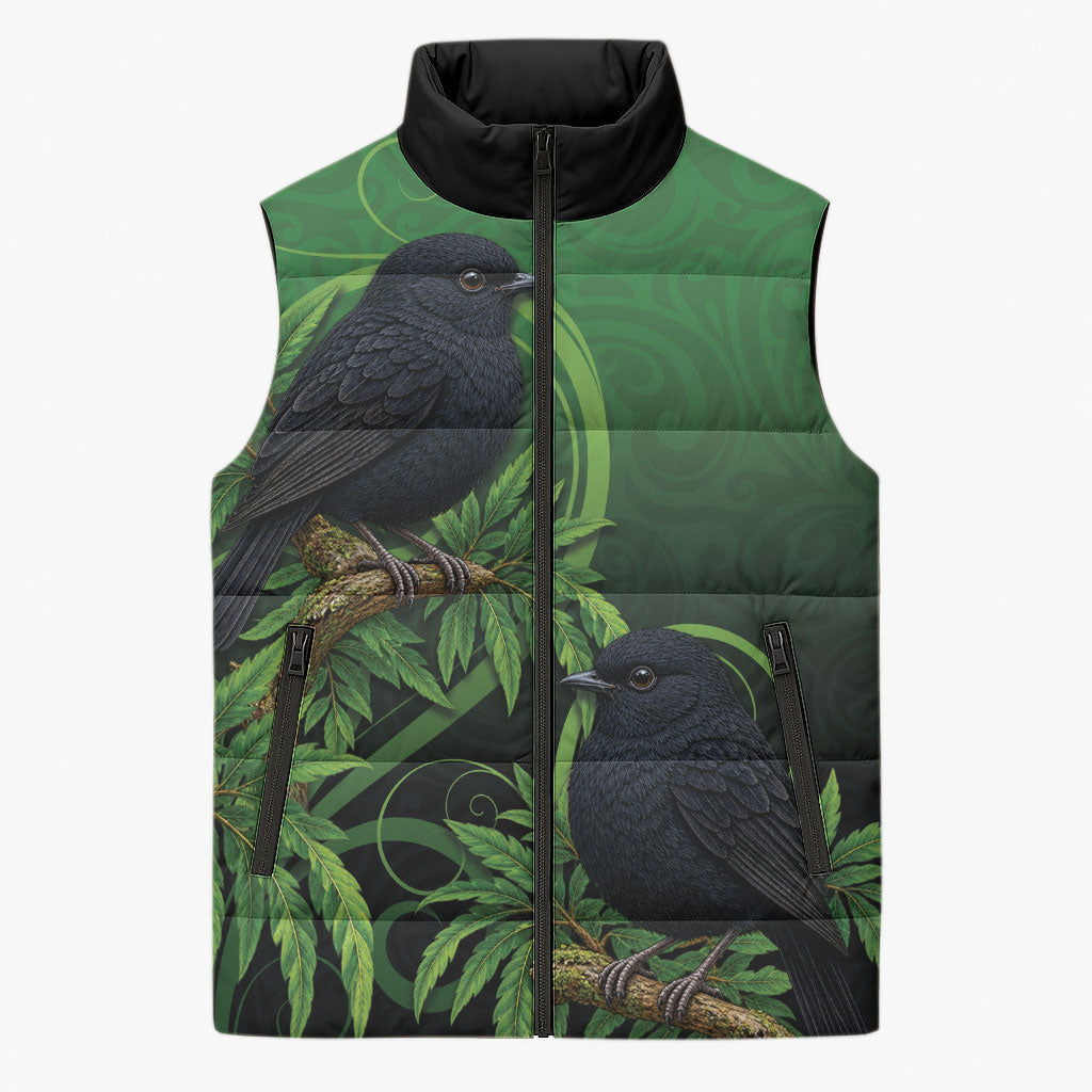 New Zealand Black Robin Sleeveless Puffer Jacket Karure Maori Koru Art Tattoo LT05 Unisex Green - Polynesian Pride