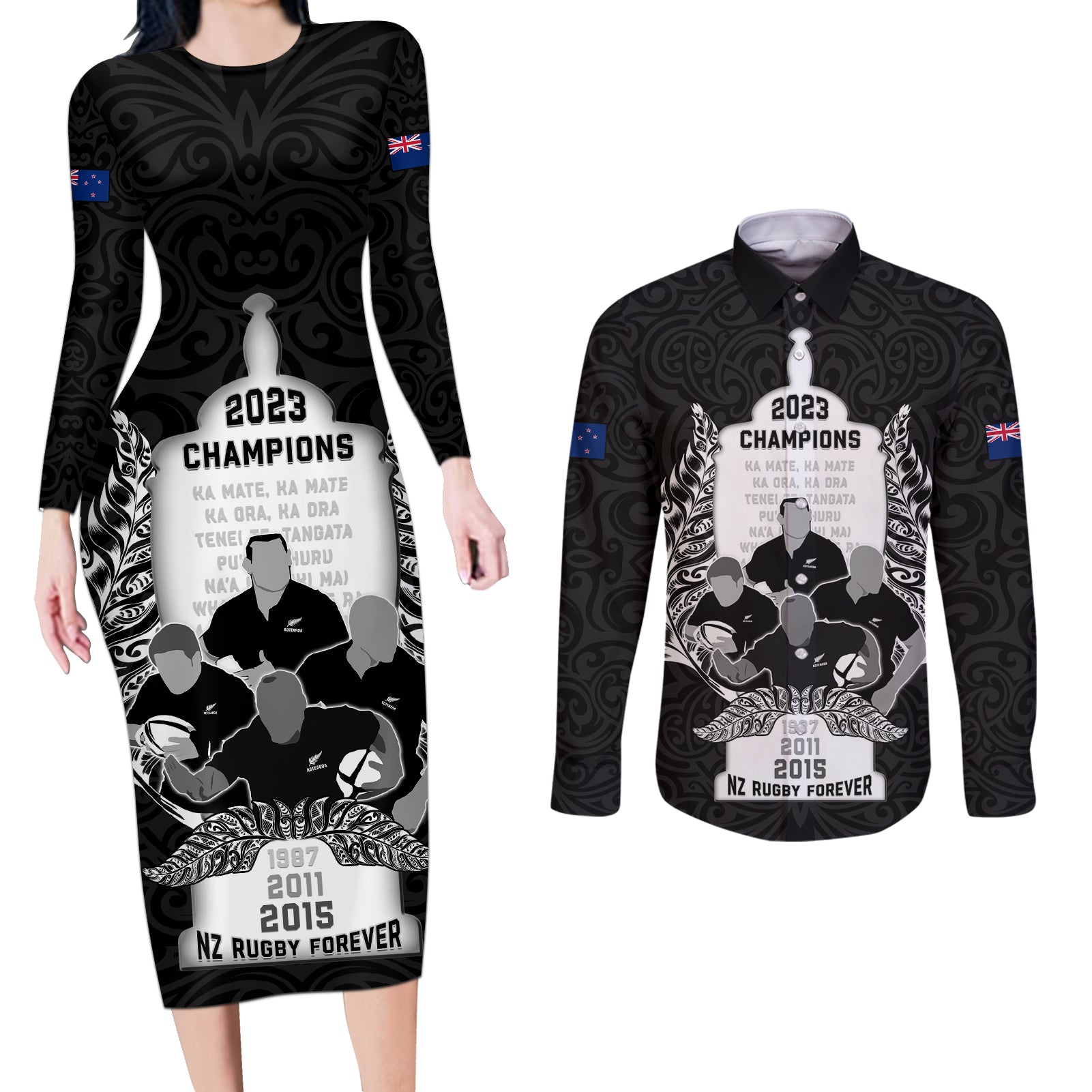 New Zealand Rugby Couples Matching Long Sleeve Bodycon Dress and Long Sleeve Button Shirt The Haka With Champions Cup LT05 Black - Polynesian Pride