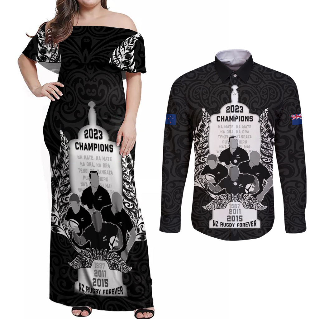 New Zealand Rugby Couples Matching Off Shoulder Maxi Dress and Long Sleeve Button Shirt The Haka With Champions Cup LT05 Black - Polynesian Pride