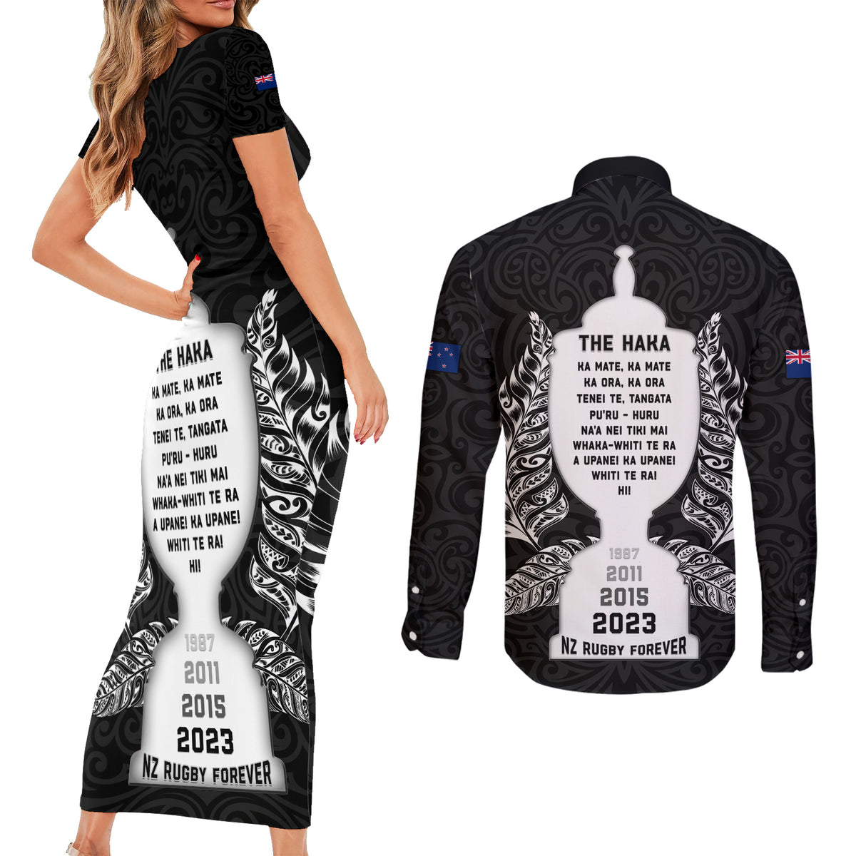 New Zealand Rugby Couples Matching Short Sleeve Bodycon Dress and Long Sleeve Button Shirt The Haka With Champions Cup LT05 - Polynesian Pride