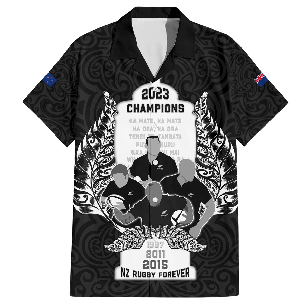 New Zealand Rugby Family Matching Short Sleeve Bodycon Dress and Hawaiian Shirt The Haka With Champions Cup LT05 Dad's Shirt - Short Sleeve Black - Polynesian Pride