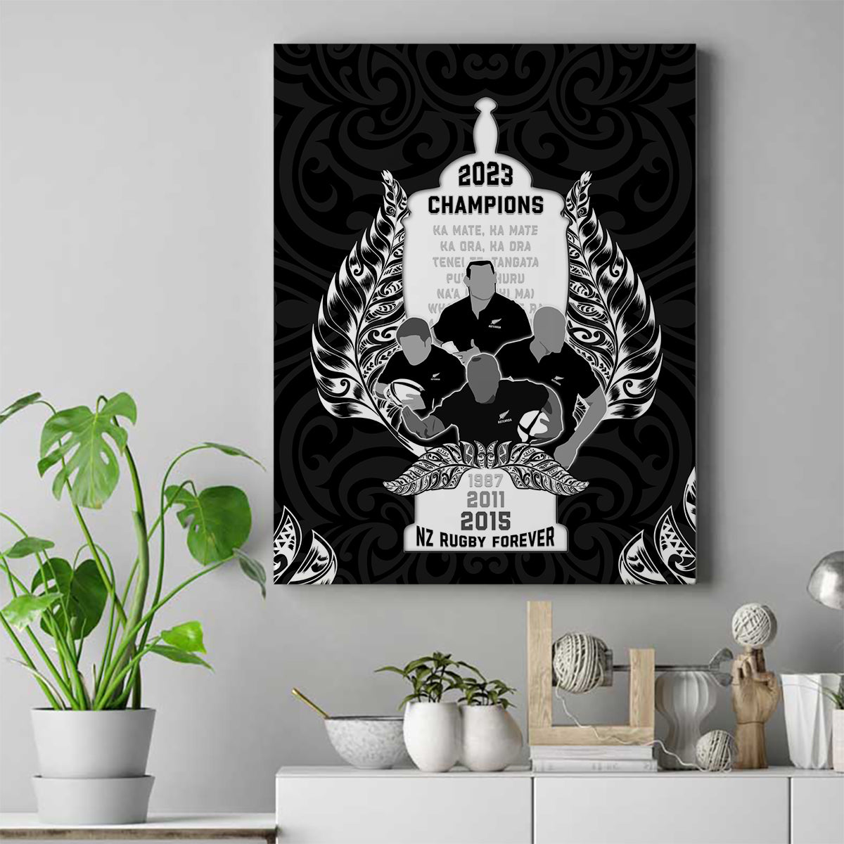 New Zealand Rugby Canvas Wall Art The Haka With Champions Cup LT05 Black - Polynesian Pride