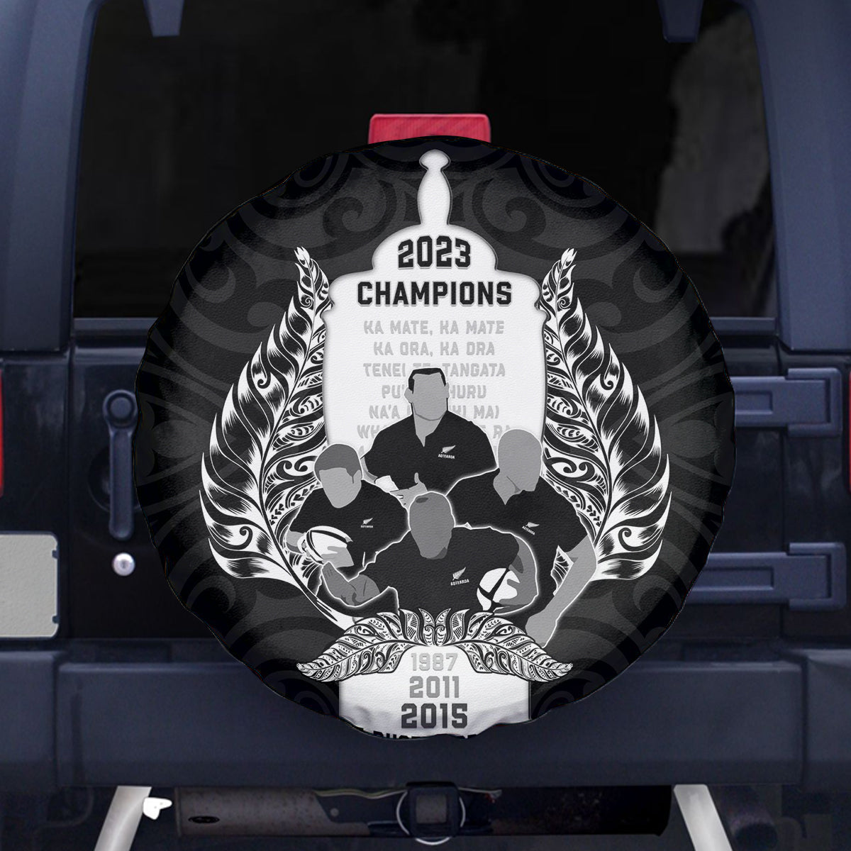 New Zealand Rugby Spare Tire Cover The Haka With Champions Cup LT05 Black - Polynesian Pride