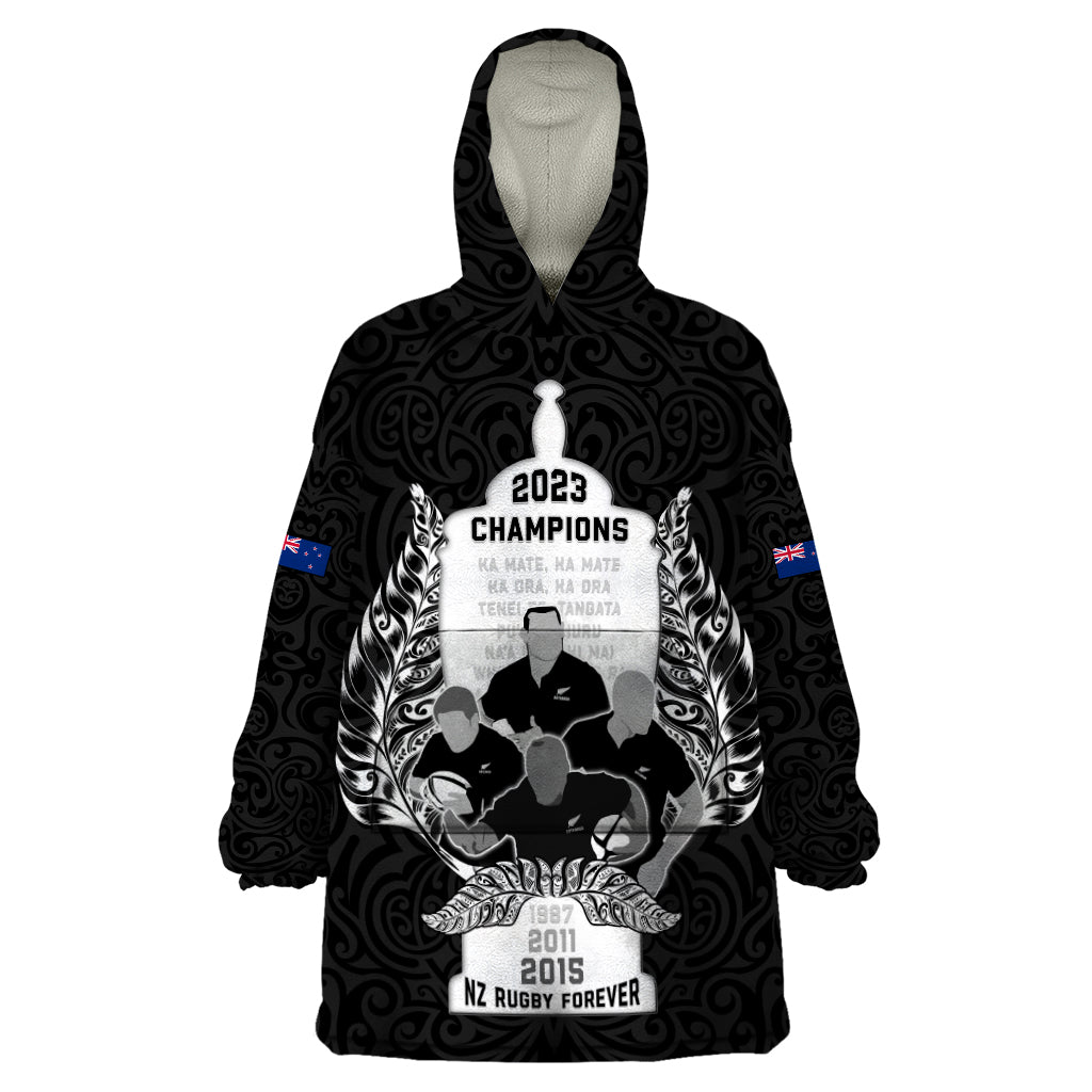 Custom New Zealand Rugby Wearable Blanket Hoodie The Haka With Champions Cup LT05 One Size Black - Polynesian Pride