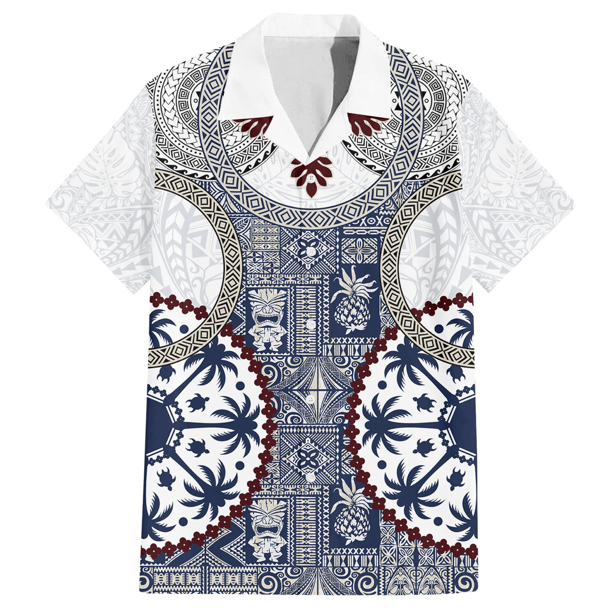 Hawaii Family Matching Long Sleeve Bodycon Dress and Hawaiian Shirt Barkcloth Pattern Vintage Style LT05 Dad's Shirt - Short Sleeve Blue - Polynesian Pride