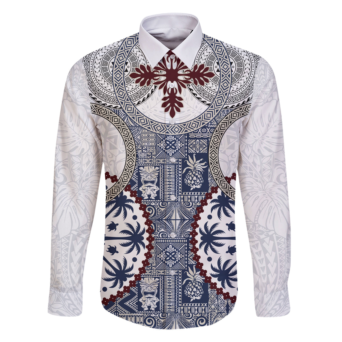 Hawaii Family Matching Long Sleeve Bodycon Dress and Hawaiian Shirt Barkcloth Pattern Vintage Style LT05 Dad's Shirt - Long Sleeve Blue - Polynesian Pride