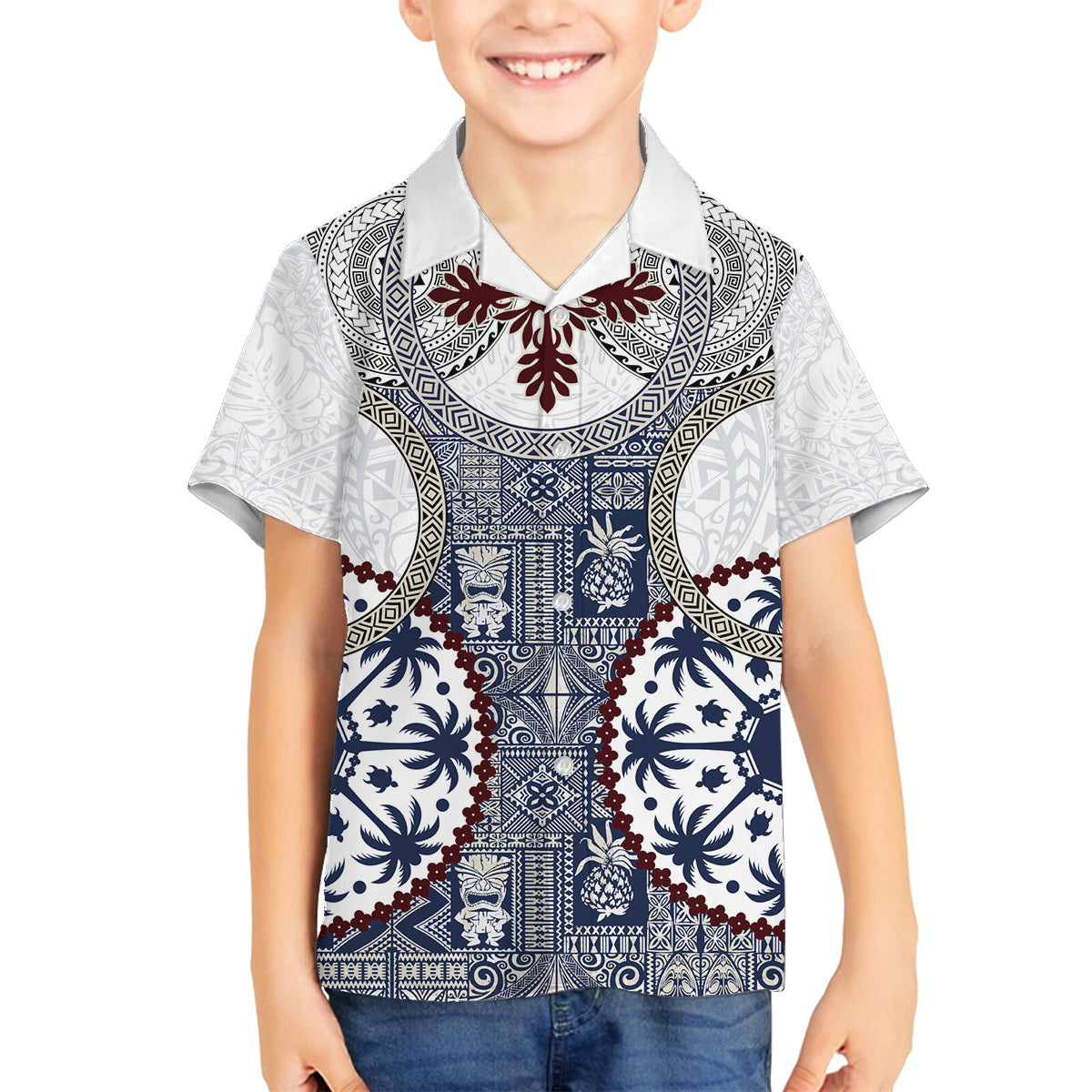 Hawaii Family Matching Long Sleeve Bodycon Dress and Hawaiian Shirt Barkcloth Pattern Vintage Style LT05 Son's Shirt Blue - Polynesian Pride