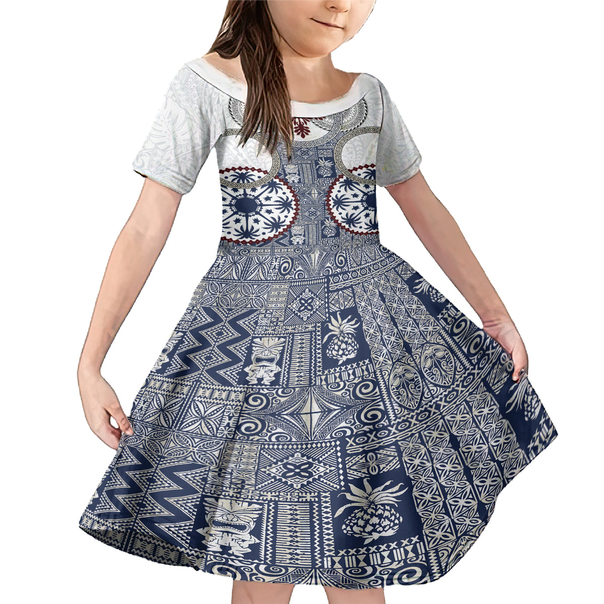 Hawaii Family Matching Mermaid Dress and Hawaiian Shirt Barkcloth Pattern Vintage Style LT05 Daughter's Dress Blue - Polynesian Pride