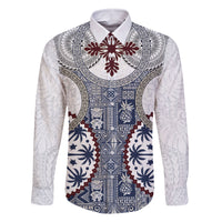 Hawaii Family Matching Off Shoulder Long Sleeve Dress and Hawaiian Shirt Barkcloth Pattern Vintage Style LT05 Dad's Shirt - Long Sleeve Blue - Polynesian Pride