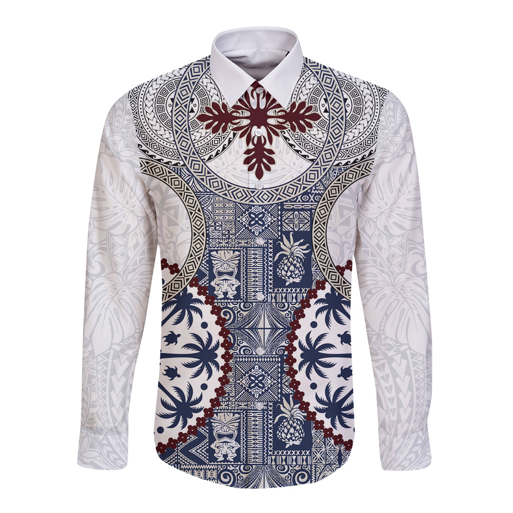 Hawaii Long Sleeve Button Shirt Barkcloth Pattern Vintage Style LT05 Unisex Blue - Polynesian Pride