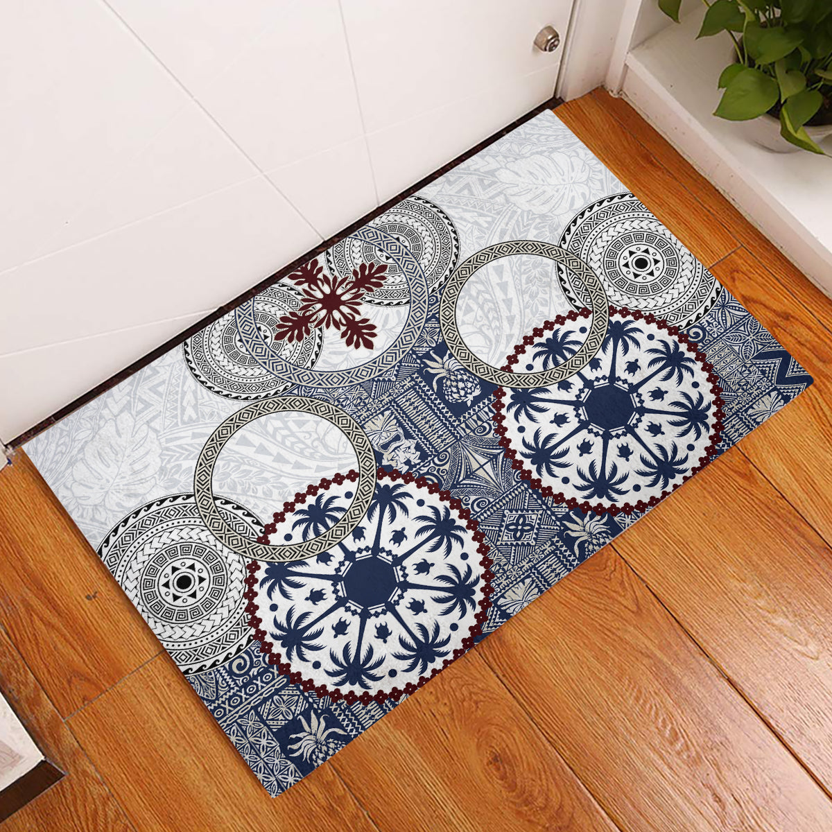 Hawaii Rubber Doormat Barkcloth Pattern Vintage Style LT05 Blue - Polynesian Pride