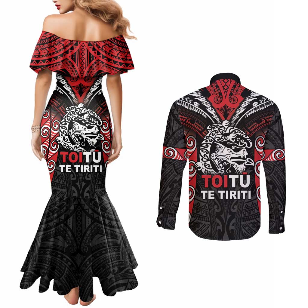 Aotearoa Mana Maori Couples Matching Mermaid Dress and Long Sleeve Button Shirt Toitu Te Tiriti