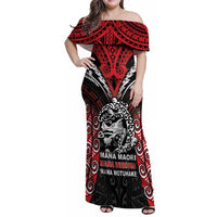 Aotearoa Mana Maori Family Matching Off Shoulder Maxi Dress and Hawaiian Shirt Toitu Te Tiriti LT05 Mom's Dress Black - Polynesian Pride