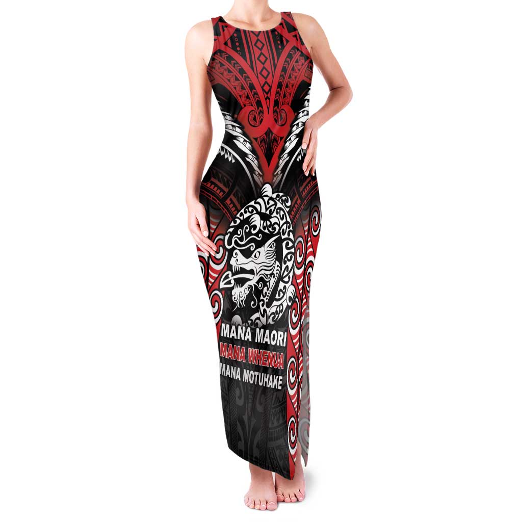 Aotearoa Mana Maori Family Matching Tank Maxi Dress and Hawaiian Shirt Toitu Te Tiriti LT05 Mom's Dress Black - Polynesian Pride