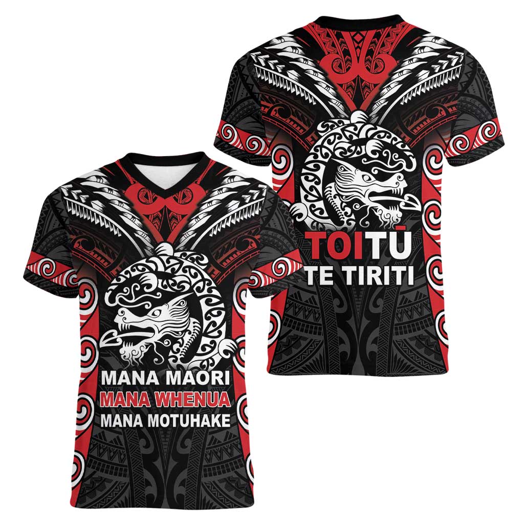Aotearoa Mana Maori Women V-Neck T-Shirt Toitu Te Tiriti LT05 - Polynesian Pride