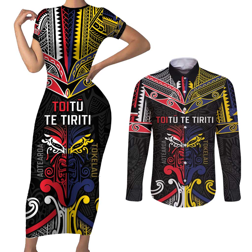 Tokelau And Aotearoa Couples Matching Short Sleeve Bodycon Dress and Long Sleeve Button Shirt Together For Te Tiriti O Waitangi