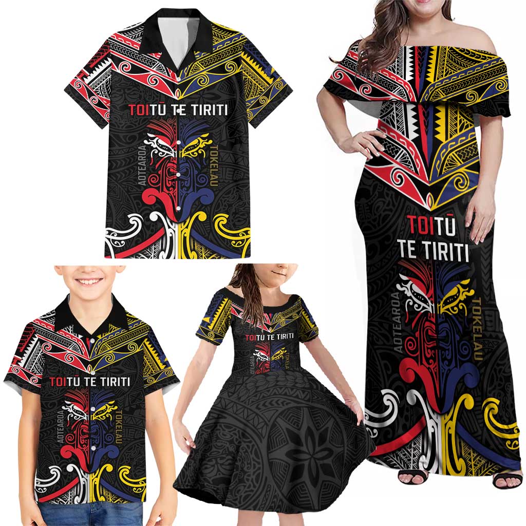 Tokelau And Aotearoa Family Matching Off Shoulder Maxi Dress and Hawaiian Shirt Together For Te Tiriti O Waitangi