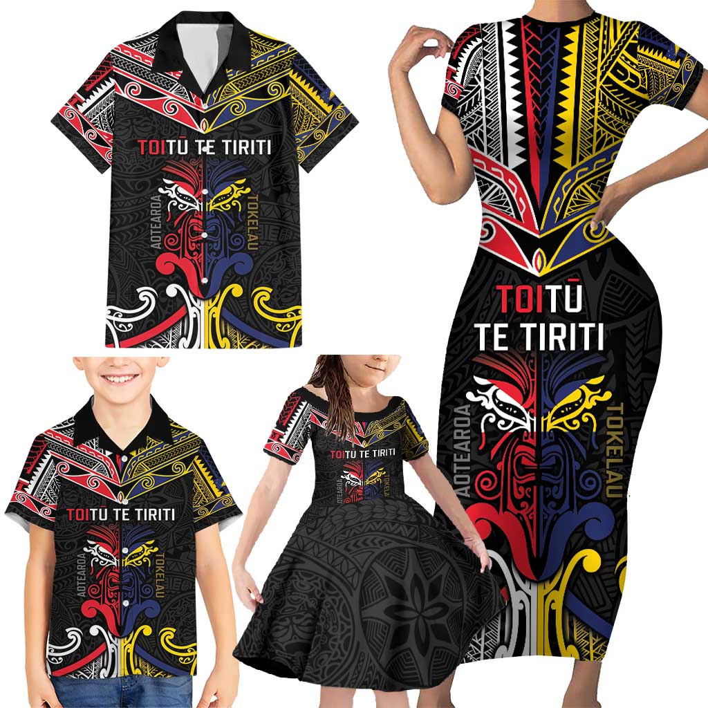 Tokelau And Aotearoa Family Matching Short Sleeve Bodycon Dress and Hawaiian Shirt Together For Te Tiriti O Waitangi