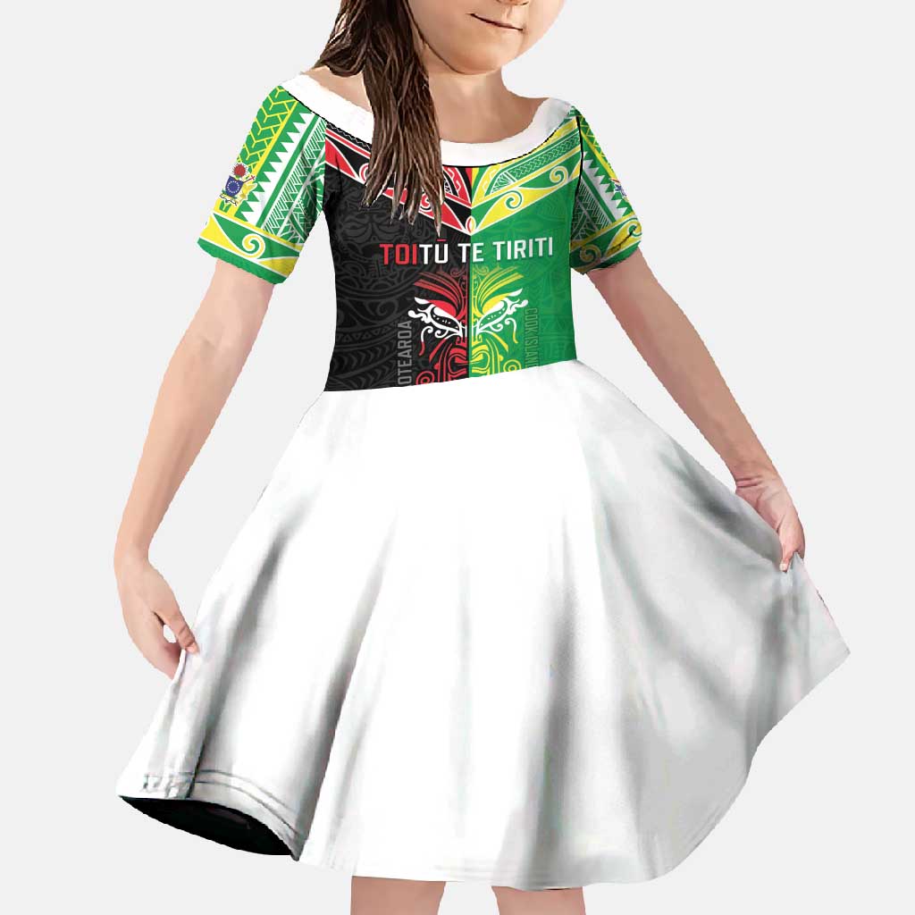 Cook Islands And Aotearoa Family Matching Off Shoulder Maxi Dress and Hawaiian Shirt Together For Te Tiriti O Waitangi