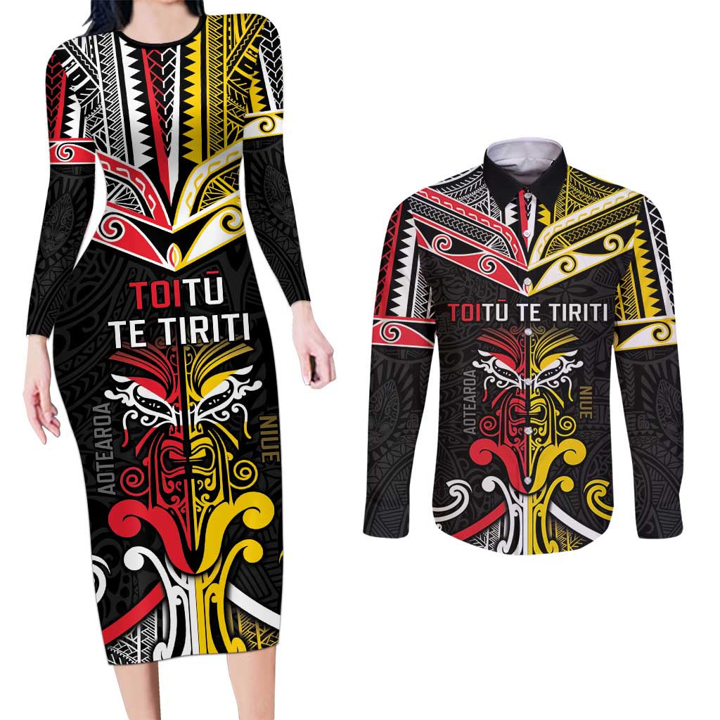 Niue And Aotearoa Couples Matching Long Sleeve Bodycon Dress and Long Sleeve Button Shirt Together For Te Tiriti O Waitangi