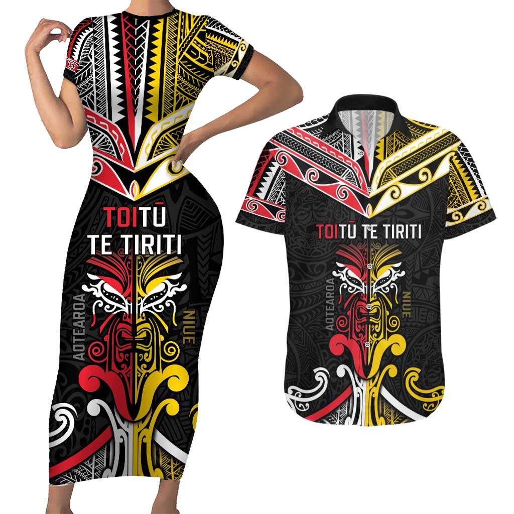 Niue And Aotearoa Couples Matching Short Sleeve Bodycon Dress and Hawaiian Shirt Together For Te Tiriti O Waitangi